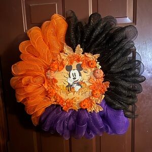 Hand Made Mickey Halloween Wreath with orange purple and black